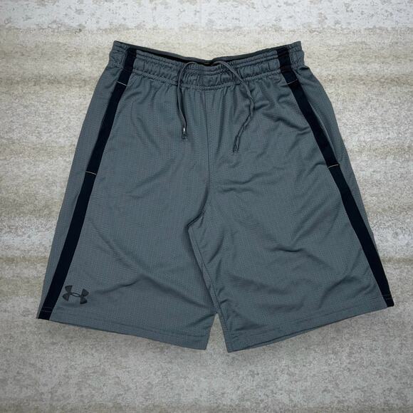 Under Armour Shorts Grey Polyester Black Logo Loose Fit 9" Inseam - Picture 1 of 4